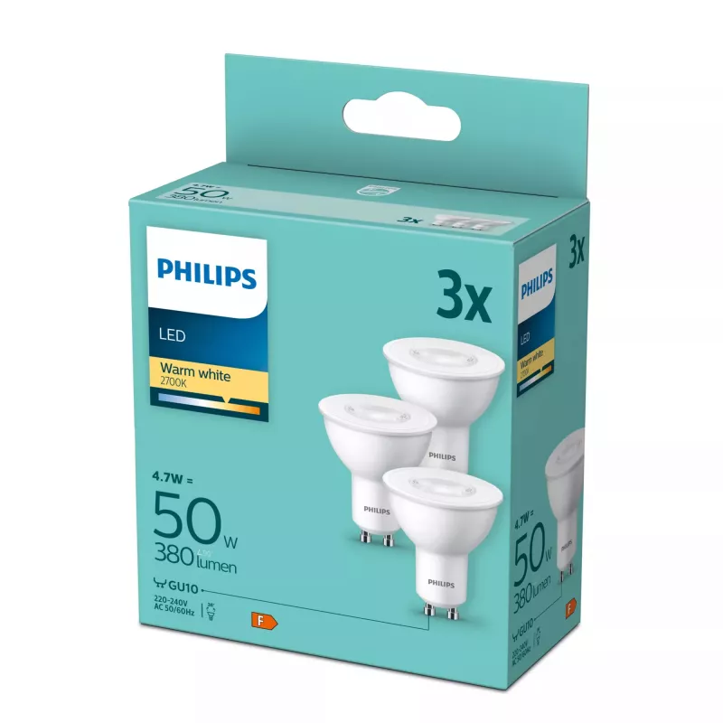 Philips spot 50W PAR16 GU10 x3 4,7W warmwit 380lm 15000h