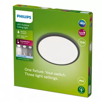 Plafondlamp Philips Superslim 15W LED, 4000K, IP54, 250×250 mm, zwart/wit