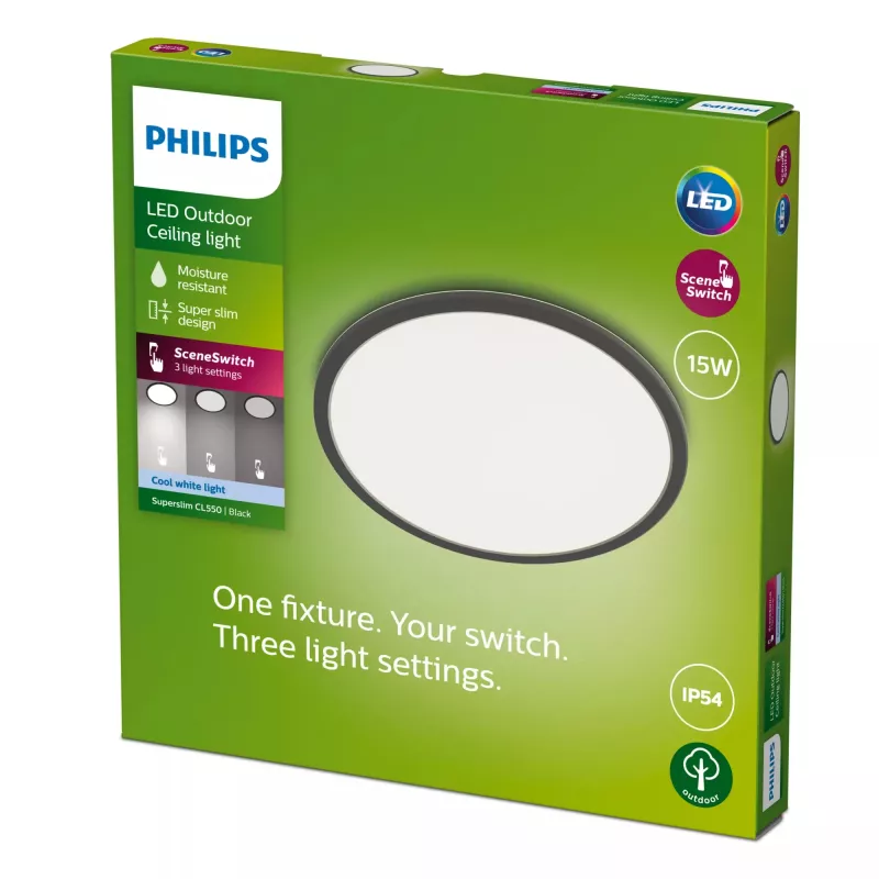 Plafondlamp Philips Superslim 15W LED, 4000K, IP54, 250×250 mm, zwart/wit