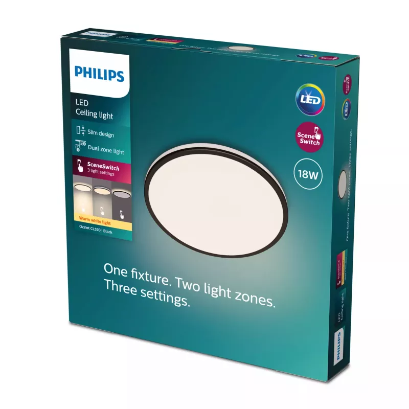 Plafondlamp Philips Functional Ozziet 18 W LED, rond, zwart, vast ingebouwde lichtbron, 220–240 V