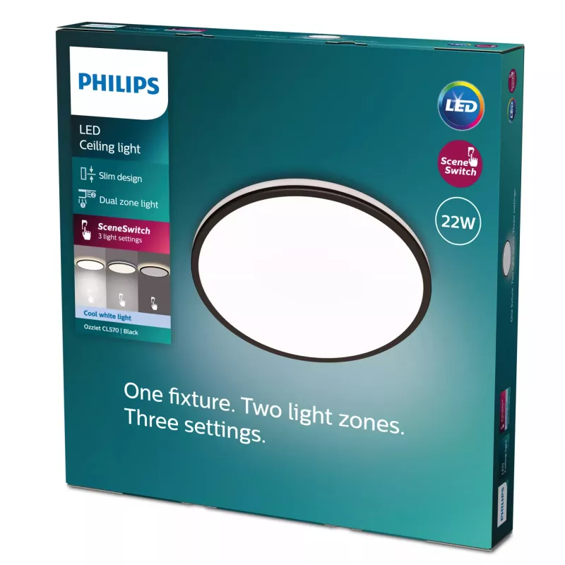 Plafondlamp Signify Philips Functional Ozziet, LED 22 W, rond 400 mm, zwart, niet-vervangbare lichtbron
