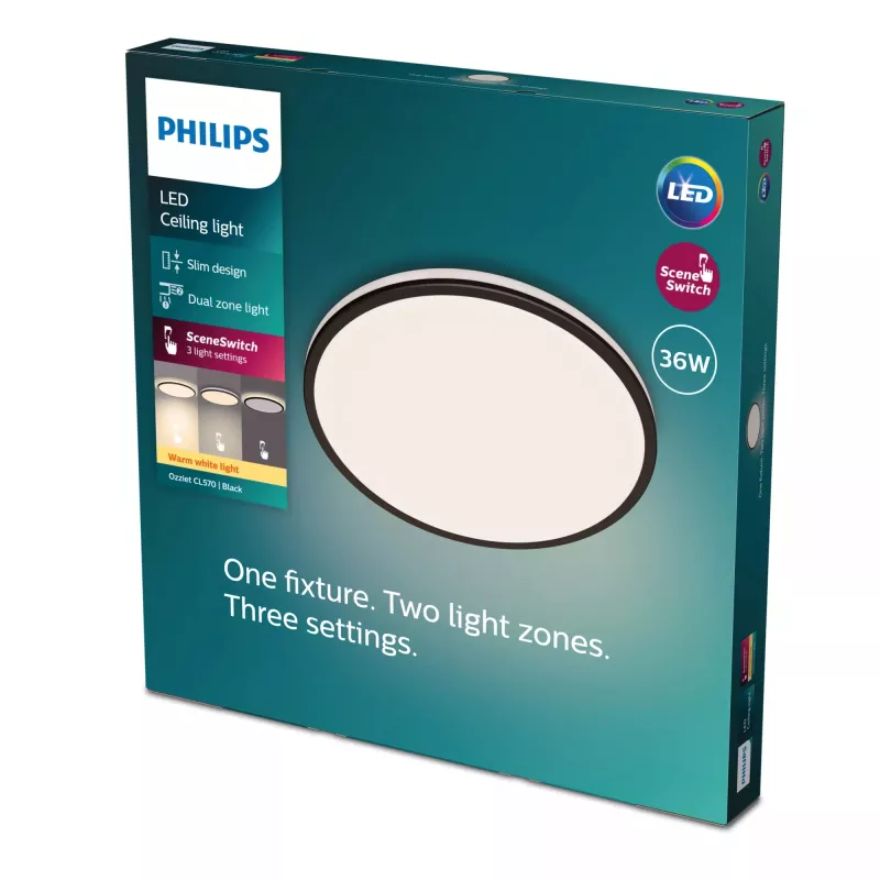Plafondlamp Philips Ozziet 36 W LED, rond 500×55 mm, zwart, niet-vervangbare LED-module