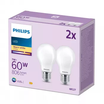 Philips Filament Bulb mat 60W A60 E27 2-pack, 7 W, 60 W, E27, 806 lm, 15000 h, warmwit