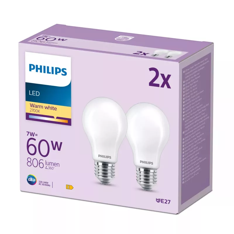Philips Filament Bulb mat 60W A60 E27 2-pack, 7 W, 60 W, E27, 806 lm, 15000 h, warmwit