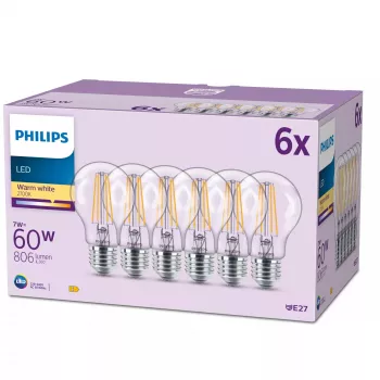 Philips Filament Bulb Frosted 60W A60 E27 x6, 7 W, 60 W, E27, 806 lm, 15000 h, warmwit