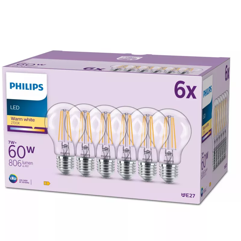 Philips Filament Bulb Frosted 60W A60 E27 x6, 7 W, 60 W, E27, 806 lm, 15000 h, warmwit
