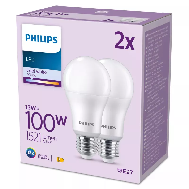 Philips Bulb 100W A67 E27 x2, 13 W, 100 W, E27, 1521 lm, 15000 h, koelwit