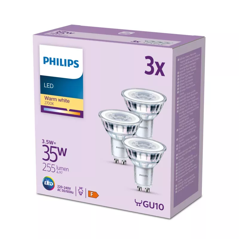 Philips Spot 35W PAR16 GU10 x3, 3,5 W, 35 W, GU10, 255 lm, 15000 h, warmwit