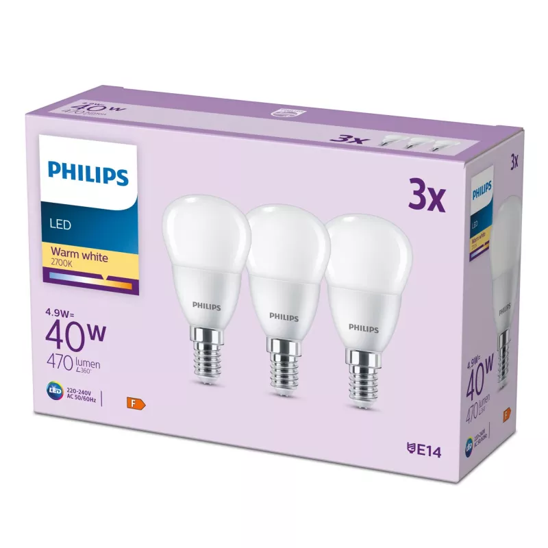 Philips Candle 40W P45 E14 x3, 4,9 W, 40 W, E14, 470 lm, 15000 h, warmwit