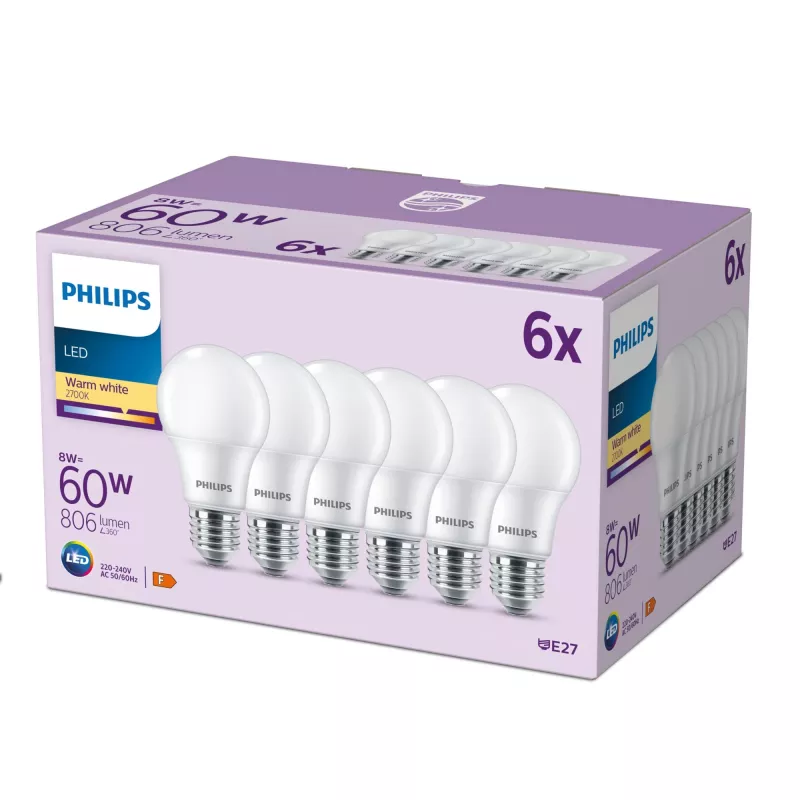 Philips Bulb 60W A60 E27 x6, 8 W, 60 W, E27, 806 lm, 15000 h, warmwit