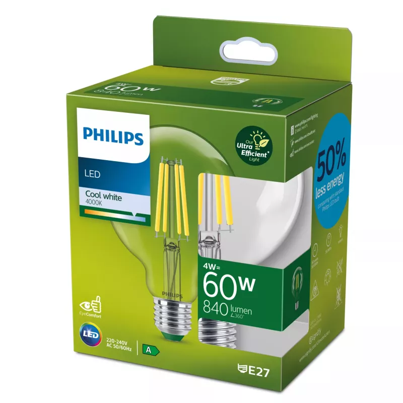 Philips Filament Bulb Clear 60W G95 E27, 4 W, 60 W, E27, 840 lm, 50000 h, koelwit