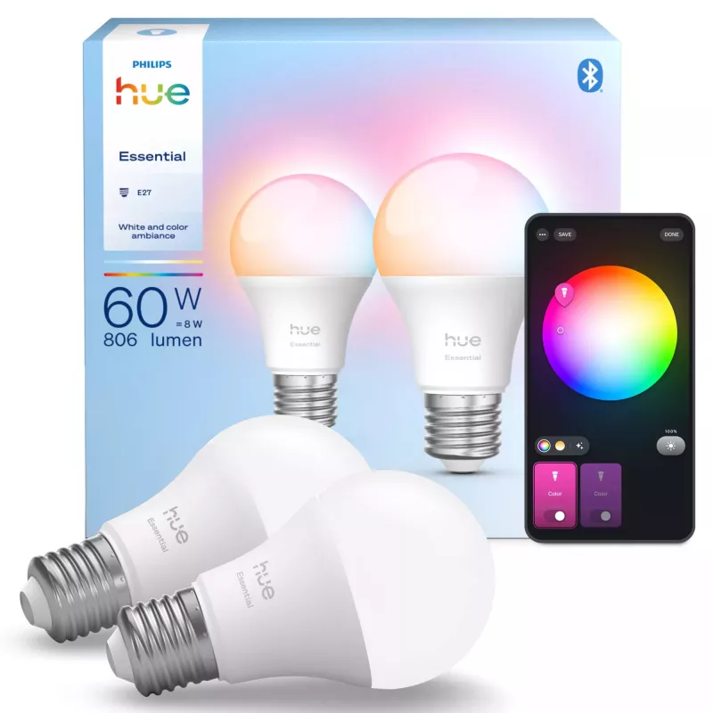 Philips Hue White and colour ambience Essential A60 – E27 slimme lamp – 806 lm – 8W – 2-pack