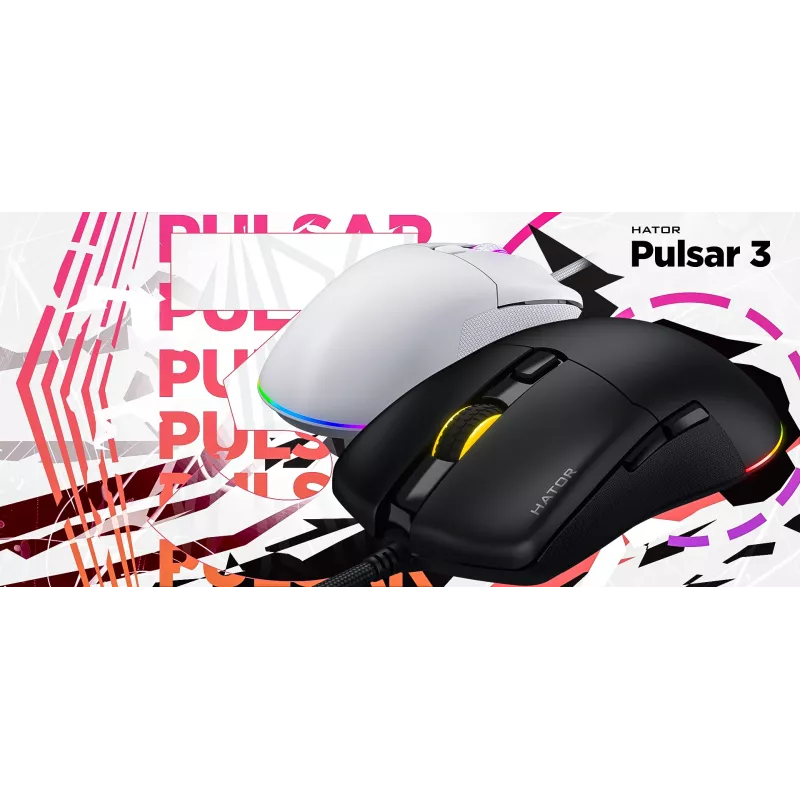 Muis HATOR Pulsar 3 optisch geel 12000 DPI 6 knoppen wit