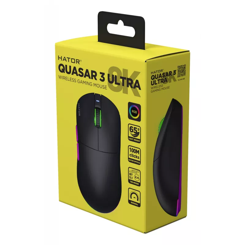 HATOR Quasar 3 Ultra 8K Wireless muis gaming dubbelhandig RF Wireless + Bluetooth + USB Type-A optisch 30000 DPI