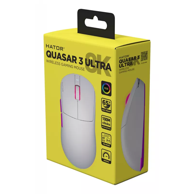 HATOR Quasar 3 Ultra 8K Wireless muis gaming dubbelhandig RF Wireless + Bluetooth + USB Type-A optisch 30000 DPI