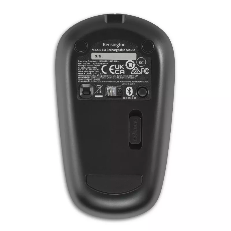 Kensington MY230 EQ oplaadbare muis – draadloos – middelgroot, dubbelhandig, RF Wireless + Bluetooth, 1200 DPI, zwart
