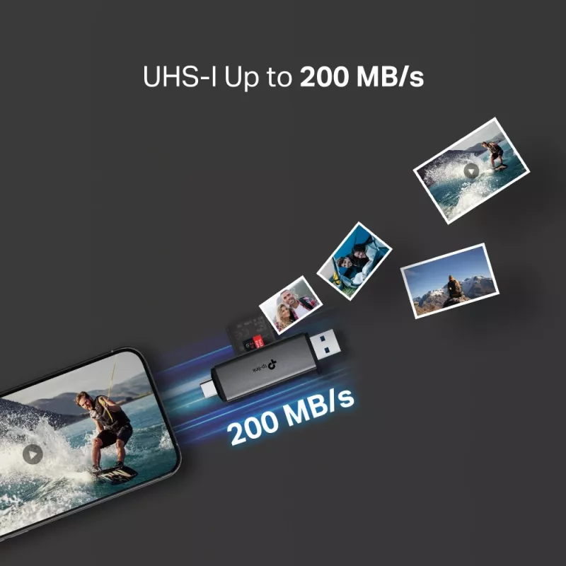 Kaartlezer TP‑LINK UA430D USB 3.1 — MicroSD/SD-ondersteuning, 200 Mbit/s, zwart, 75×22,9×9,3 mm