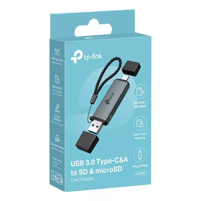 Kaartlezer TP‑LINK UA430D USB 3.1 — MicroSD/SD-ondersteuning, 200 Mbit/s, zwart, 75×22,9×9,3 mm
