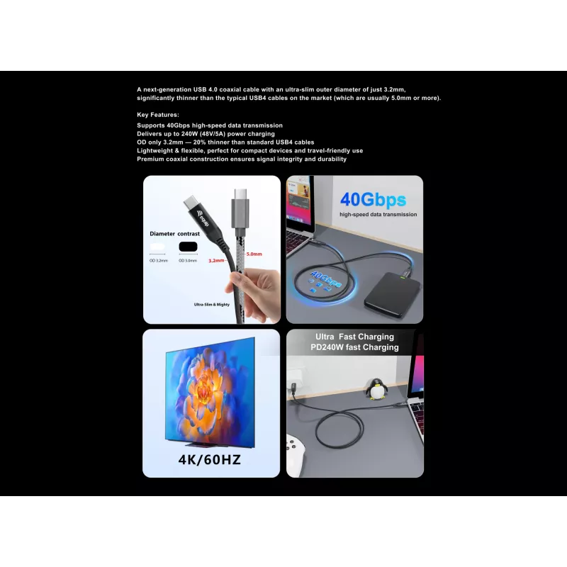 Equip USB 4 ultra slanke C-naar-C-kabel, 1,2 m, PD240W, 4K/60Hz, 40 Gbps, zwart