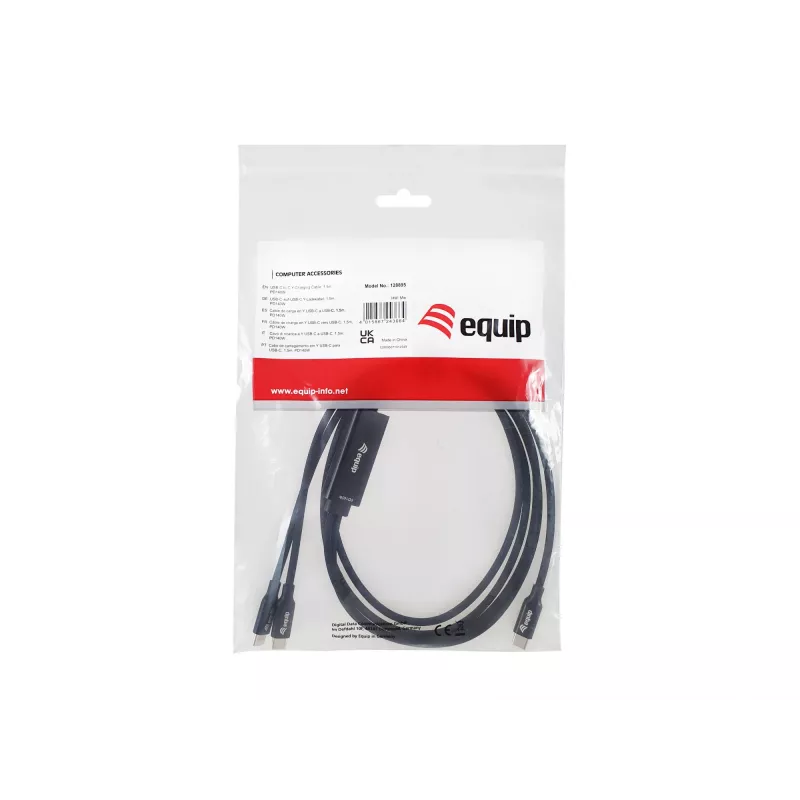 USB-C naar 2x USB-C Y-oplaadkabel EQUIP 1,5 m PD 140 W, USB 2.0, zwart