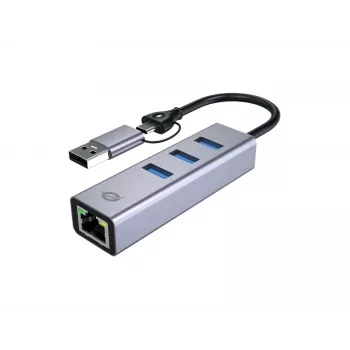 USB-C naar Gigabit-netwerkadapter met 3-poorts USB-hub CONCEPTRONIC ABBY25G — USB 3.2 Gen 1, 1 Gbit/s Ethernet, 3x USB-A, aluminium, grijs