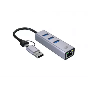 USB-C naar Gigabit-netwerkadapter met 3-poorts USB-hub CONCEPTRONIC ABBY25G — USB 3.2 Gen 1, 1 Gbit/s Ethernet, 3x USB-A, aluminium, grijs