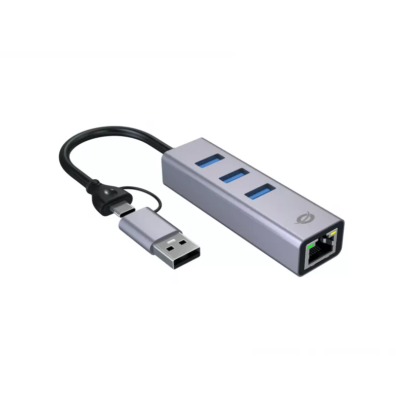 USB-C naar Gigabit-netwerkadapter met 3-poorts USB-hub CONCEPTRONIC ABBY25G — USB 3.2 Gen 1, 1 Gbit/s Ethernet, 3x USB-A, aluminium, grijs