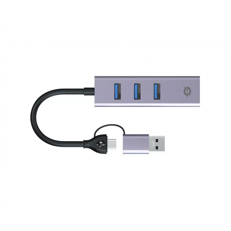 USB-C naar Gigabit-netwerkadapter met 3-poorts USB-hub CONCEPTRONIC ABBY25G — USB 3.2 Gen 1, 1 Gbit/s Ethernet, 3x USB-A, aluminium, grijs