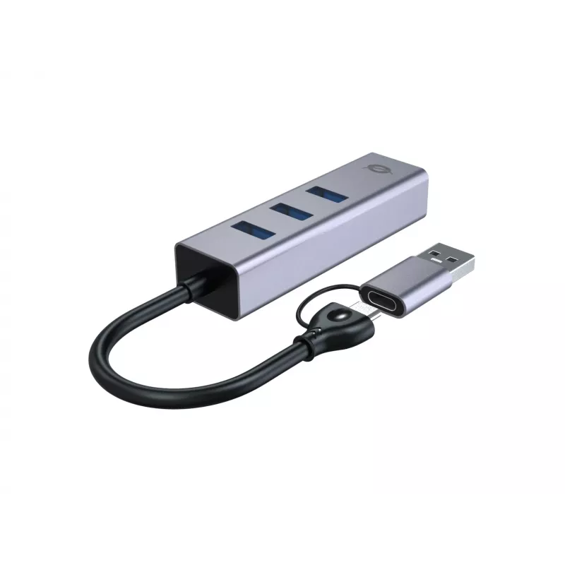 USB-C naar Gigabit-netwerkadapter met 3-poorts USB-hub CONCEPTRONIC ABBY25G — USB 3.2 Gen 1, 1 Gbit/s Ethernet, 3x USB-A, aluminium, grijs