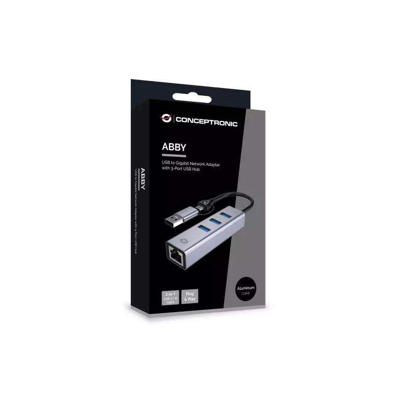 USB-C naar Gigabit-netwerkadapter met 3-poorts USB-hub CONCEPTRONIC ABBY25G — USB 3.2 Gen 1, 1 Gbit/s Ethernet, 3x USB-A, aluminium, grijs