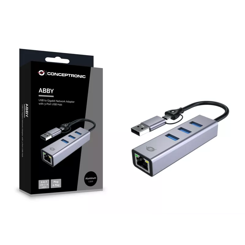 USB-C naar Gigabit-netwerkadapter met 3-poorts USB-hub CONCEPTRONIC ABBY25G — USB 3.2 Gen 1, 1 Gbit/s Ethernet, 3x USB-A, aluminium, grijs