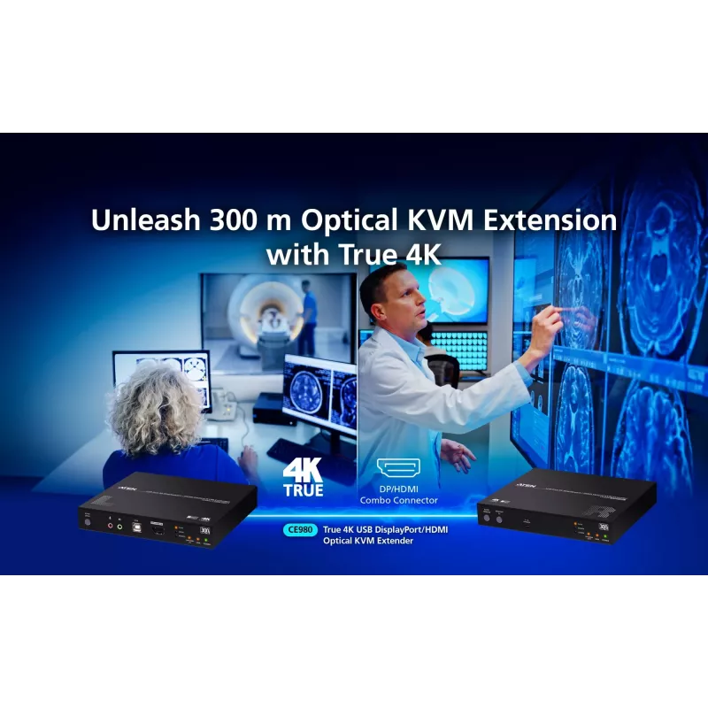 KVM extender ATEN True 4K DP/HDMI Optical KVM 300m – zender & ontvanger, DisplayPort/HDMI, USB, 300 m