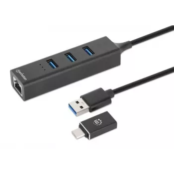 Manhattan USB-C & USB-A combo-dock/hub, aansluitingen (4): Ethernet en USB-A (x3), 5 Gbit/s (USB 3.2 Gen 1, ook bekend als USB 3.0), USB-gevoed (geen externe voeding nodig)
