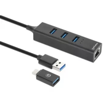 Manhattan USB-C & USB-A combo-dock/hub, aansluitingen (4): Ethernet en USB-A (x3), 5 Gbit/s (USB 3.2 Gen 1, ook bekend als USB 3.0), USB-gevoed (geen externe voeding nodig)