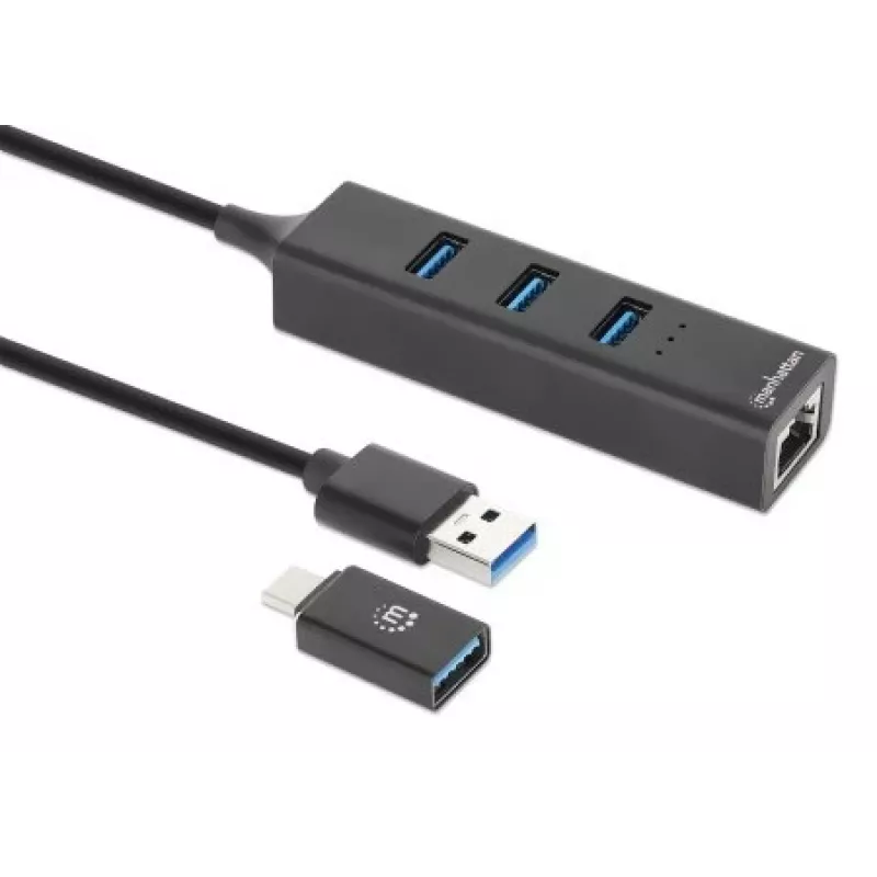 Manhattan USB-C & USB-A combo-dock/hub, aansluitingen (4): Ethernet en USB-A (x3), 5 Gbit/s (USB 3.2 Gen 1, ook bekend als USB 3.0), USB-gevoed (geen externe voeding nodig)