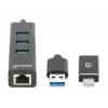 Manhattan USB-C & USB-A combo-dock/hub, aansluitingen (4): Ethernet en USB-A (x3), 5 Gbit/s (USB 3.2 Gen 1, ook bekend als USB 3.0), USB-gevoed (geen externe voeding nodig)