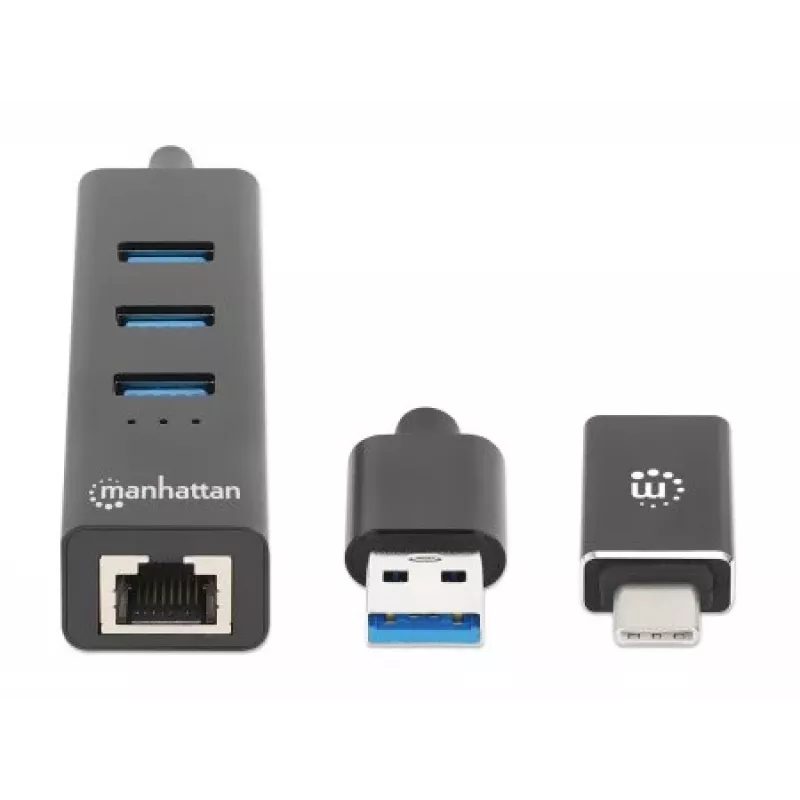 Manhattan USB-C & USB-A combo-dock/hub, aansluitingen (4): Ethernet en USB-A (x3), 5 Gbit/s (USB 3.2 Gen 1, ook bekend als USB 3.0), USB-gevoed (geen externe voeding nodig)