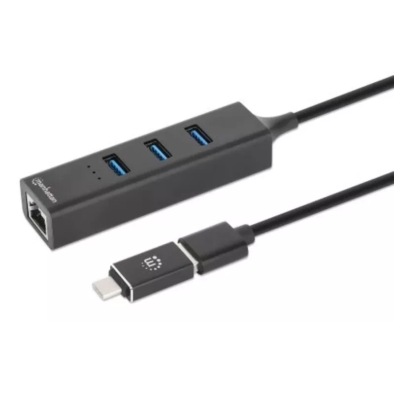 Manhattan USB-C & USB-A combo-dock/hub, aansluitingen (4): Ethernet en USB-A (x3), 5 Gbit/s (USB 3.2 Gen 1, ook bekend als USB 3.0), USB-gevoed (geen externe voeding nodig)