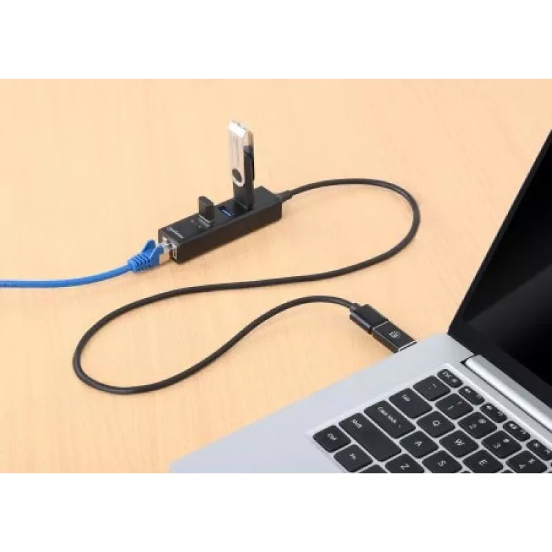 Manhattan USB-C & USB-A combo-dock/hub, aansluitingen (4): Ethernet en USB-A (x3), 5 Gbit/s (USB 3.2 Gen 1, ook bekend als USB 3.0), USB-gevoed (geen externe voeding nodig)