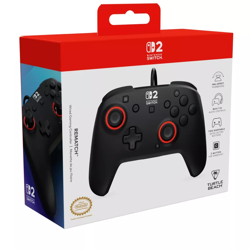Bekabelde gaming-controller Turtle Beach Rematch voor Nintendo Switch 2 – USB-C, 3 m kabel, terug-knop, D-pad, zwart