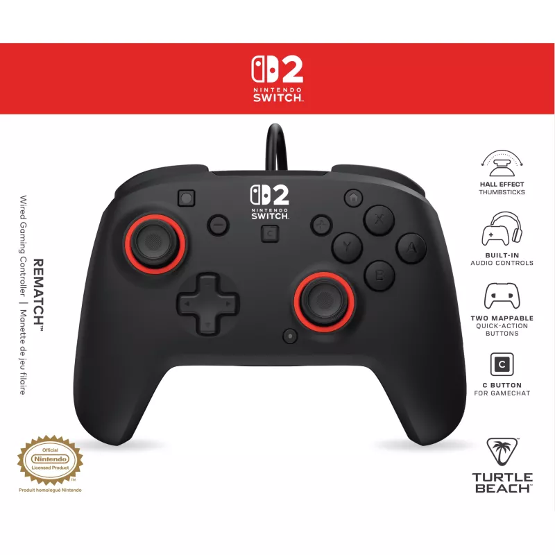Bekabelde gaming-controller Turtle Beach Rematch voor Nintendo Switch 2 – USB-C, 3 m kabel, terug-knop, D-pad, zwart