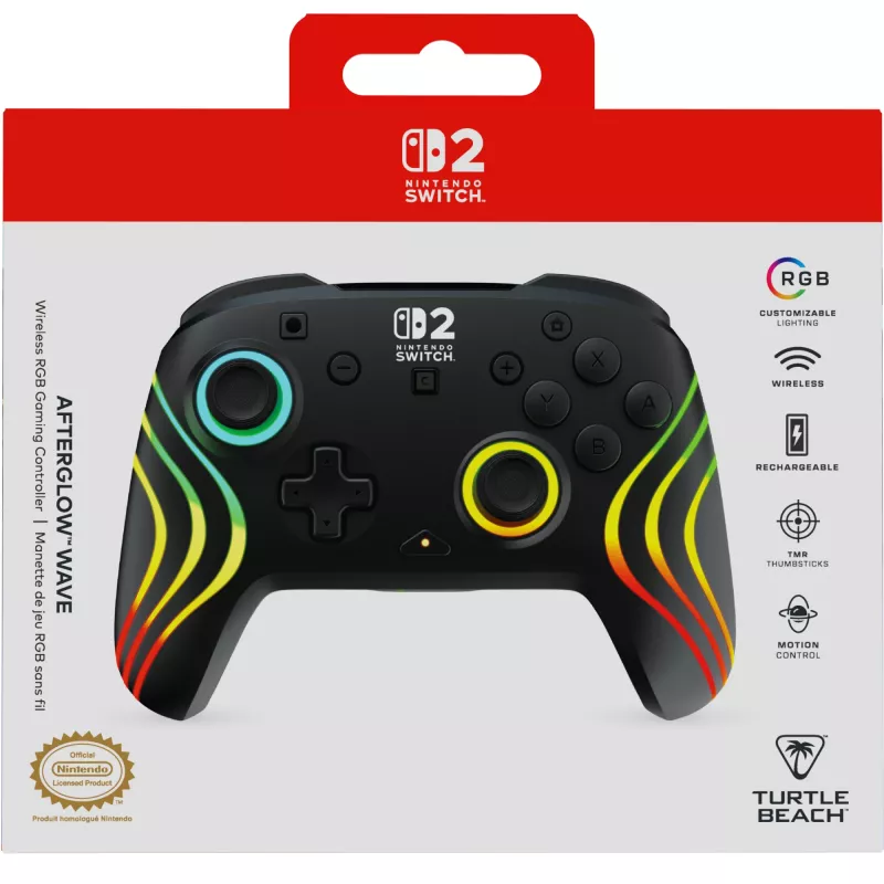 Draadloze RGB-gaming-controller Turtle Beach Afterglow Wave zwart voor Nintendo Switch 2 — Bluetooth/USB-C, ingebouwde accu 20 u, 3 m kabel