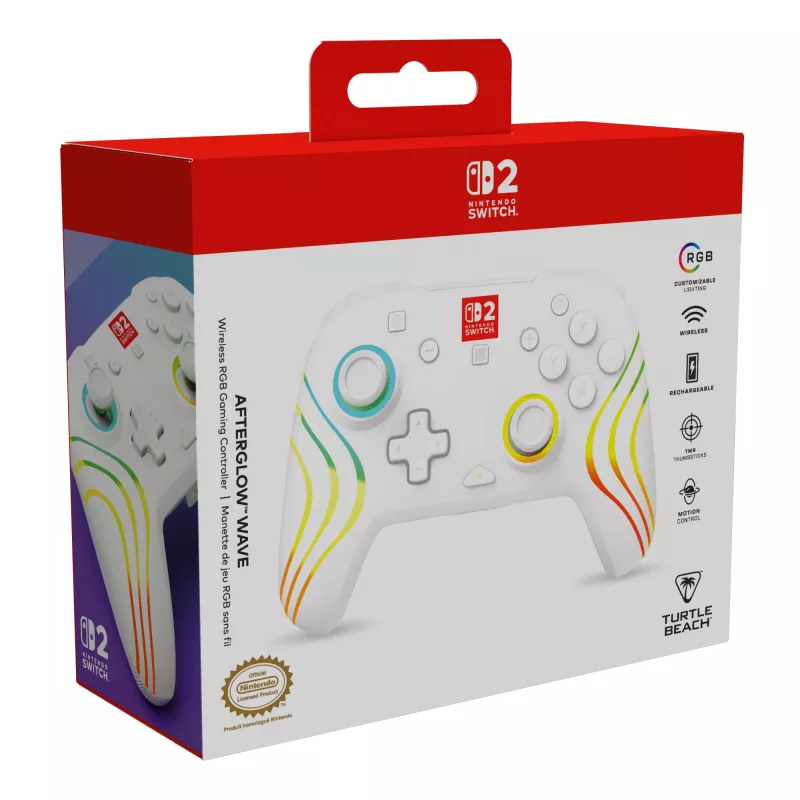 Draadloze RGB-gaming-controller Turtle Beach Afterglow Wave wit voor Nintendo Switch 2, Bluetooth/USB-C, ingebouwde accu 20 u, 3 m kabel