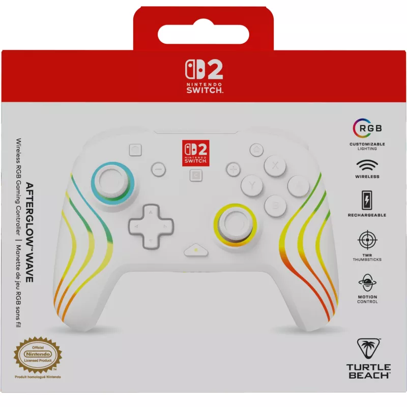 Draadloze RGB-gaming-controller Turtle Beach Afterglow Wave wit voor Nintendo Switch 2, Bluetooth/USB-C, ingebouwde accu 20 u, 3 m kabel