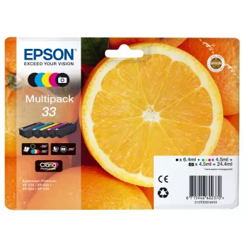 Epson Oranges multipack 5 kleuren 33 Claria Premium Ink, standaard, zwart, fotozwart, cyaan, magenta, geel, pigmentinkt, kleurstofinkt, 6,4 ml, 4,5 ml
