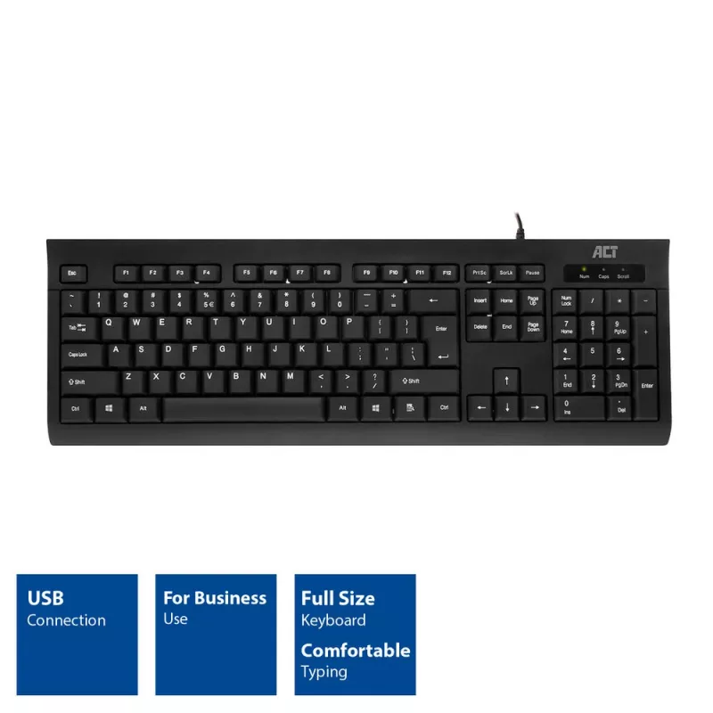 ACT zakelijk toetsenbord USB (Qwerty/US-layout), Full-Size (100%), bedraad, USB, membraan, QWERTY, zwart