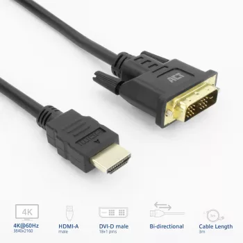 ACT AK3736 videokabel-adapter 3 m HDMI Type A (Standard) DVI-D zwart