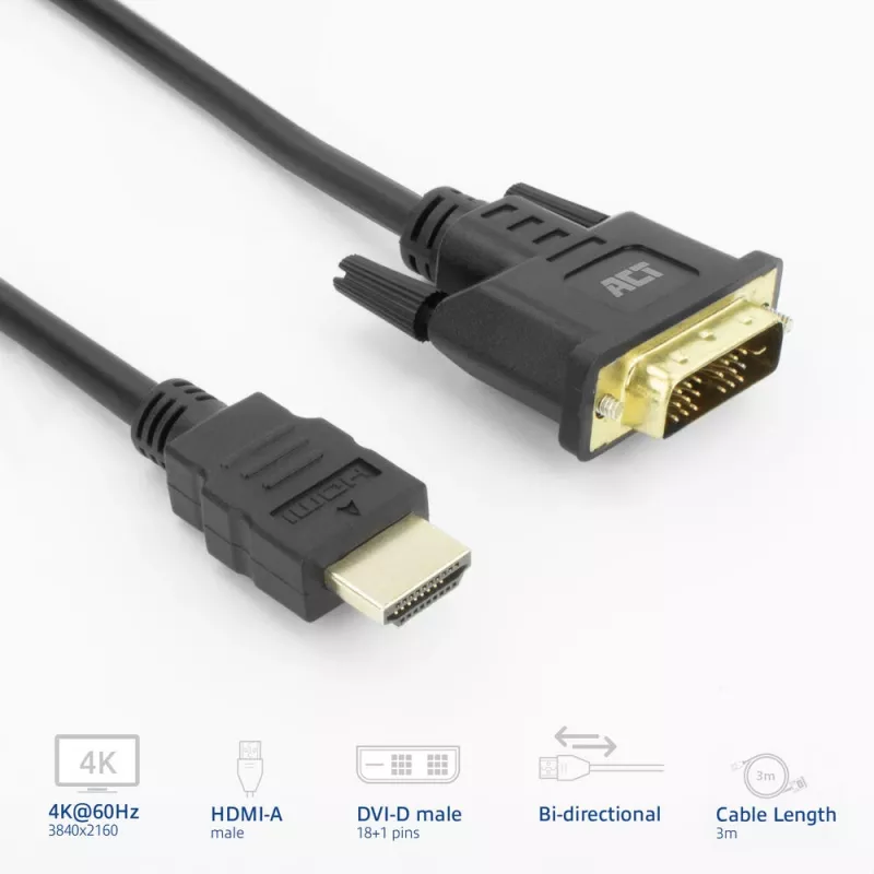 ACT AK3736 videokabel-adapter 3 m HDMI type A (Standard) DVI-D zwart
