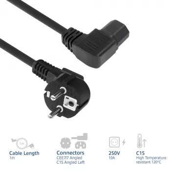 ACT stroomkabel netstekker CEE7/7 stekker (haaks) – C15 (haaks links) IEC60320 zwart 1 m