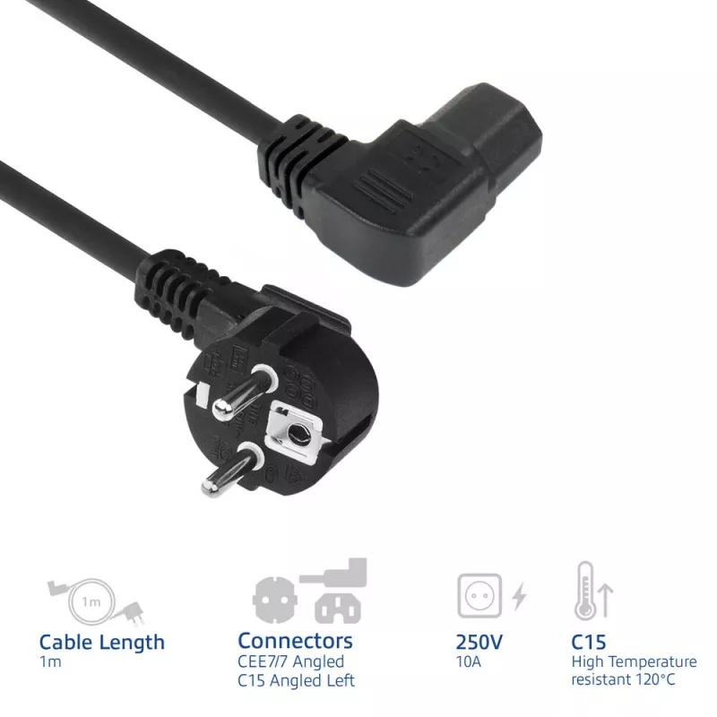 ACT stroomkabel netstekker CEE7/7 stekker (haaks) – C15 (haaks links) IEC60320 zwart 1 m